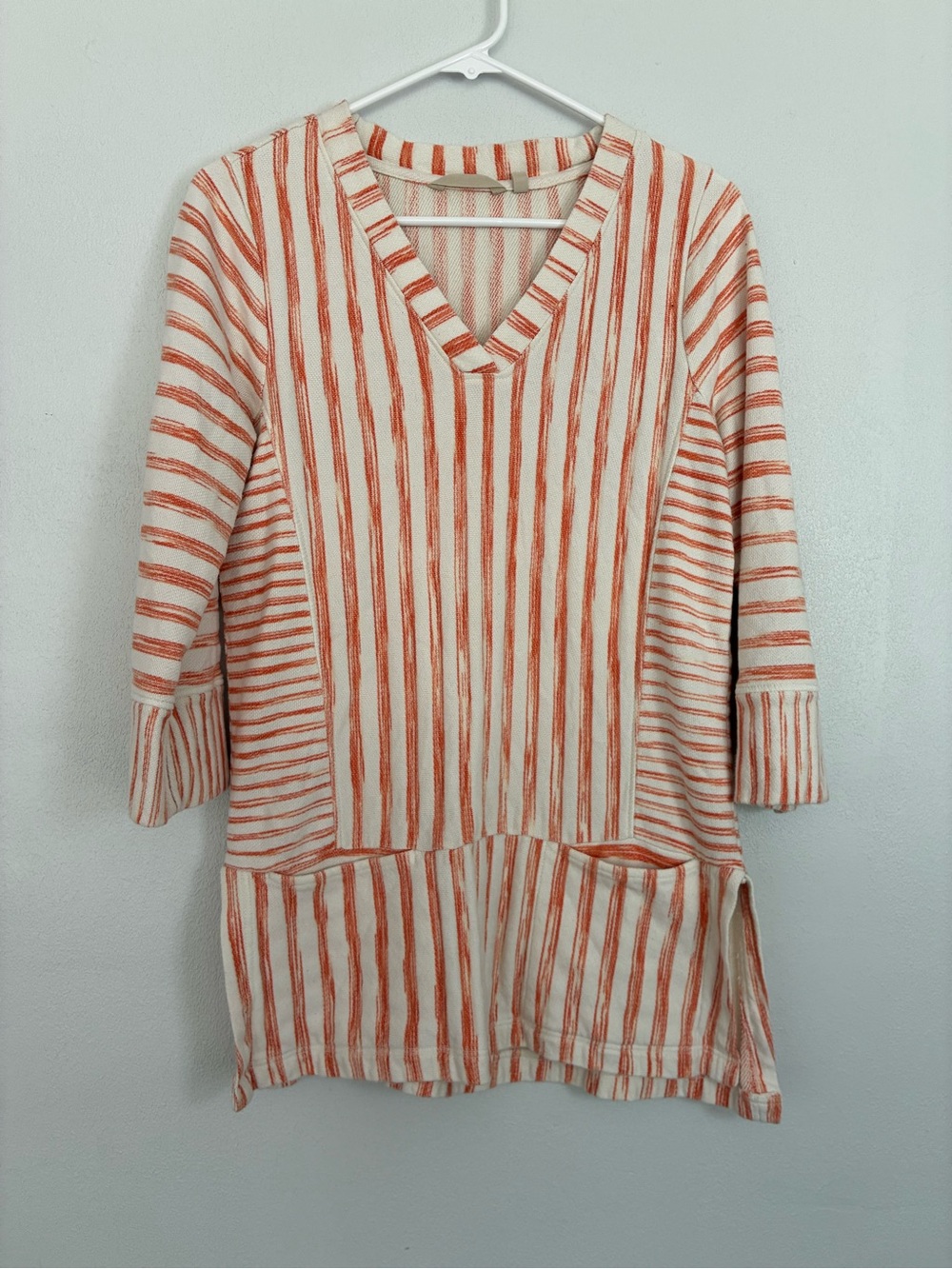 Soft Surroundings Cream and Coral Striped V-Neck Tunic
